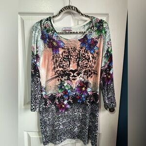 Vintage Abstract Leopard Face Floral Dress with Beaded Embroidered Accents